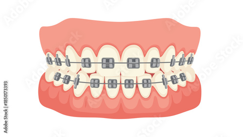 Illustration of human teeth with traditional metal braces for orthodontic treatment, showcasing a healthy smile and dental care concept.