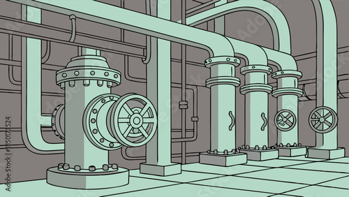 Technical Drawing of Industrial Piping System Large Control Valves and Machinery Engineering Infrastructure Detailed Line Art Illustration