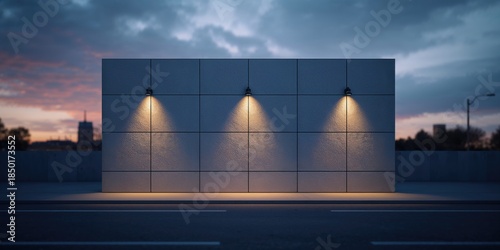 Modern office exterior featuring wall-mounted downlights providing security lighting, Earth Day