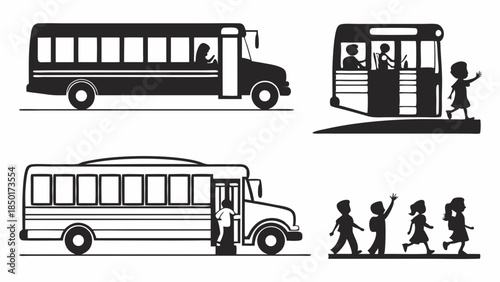 Education Transportation Silhouettes School Bus and Students Walking Vector Icons Set Back to School Safety