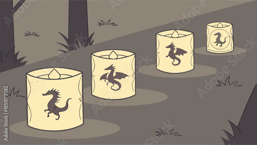 Mystical Dragon Silhouettes on Glowing Paper Lanterns Lighting a Dark Forest Path Fantasy Mythology Illustration