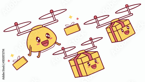 Cute Drone Delivery Flying Gifts Automated E-commerce Shipping Service Logistics Technology Vector Illustration