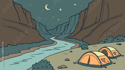 Nighttime Canyon River Camping Scene with Tents for Outdoor Adventure Travel Vacation Web Design Backgrounds