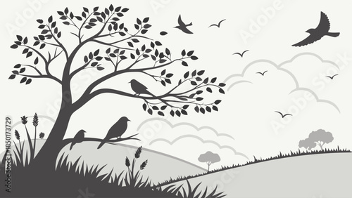 Tranquil Silhouette Landscape Vector Illustration Black and White Tree and Birds Flying Over Rolling Hills Serene Nature Graphic Design Background.