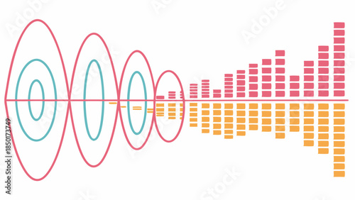 Growing Bar Graph Equalizer and Expanding Digital Sound Waves Visualization for Financial Data Analysis and Technology Presentation Background