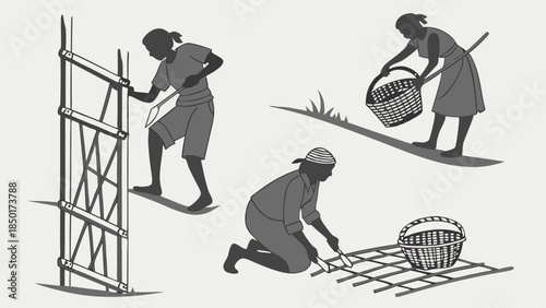 Rural Women Engaged in Traditional Manual Labor Weaving Bamboo Mats and Constructing Structures Carrying Harvest Baskets