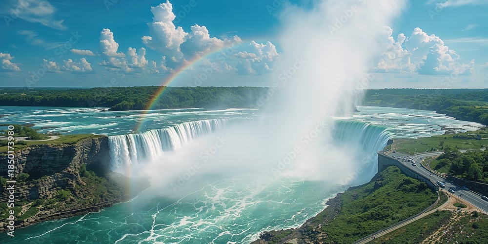 Fototapeta premium Helicopter shot over Niagara Falls highlighting the Canadian Falls, illustrating natural erosion processes
