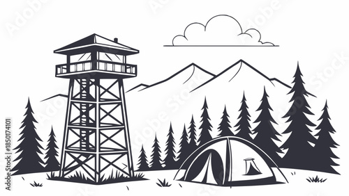 Rustic Forest Fire Lookout Tower Camping Tent Pine Trees Mountain Landscape Nature Adventure Badge