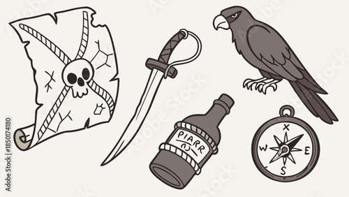 Pirate Treasure Map, Sword, Rum Bottle, Raven Bird, Compass for Adventure, Exploration, Travel, Nautical Themed Design, Holiday, Party, Game