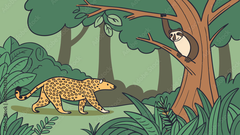 Obraz premium Jungle Predator Leopard Stalks Slow Sloth in Lush Rainforest Canopy for Wildlife Education and Nature Design Projects
