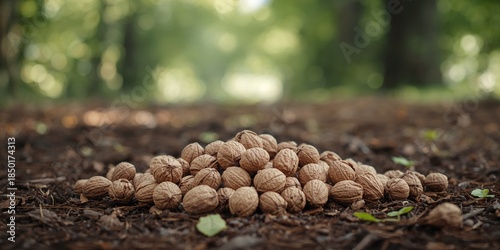 Pile of unshelled walnuts on the ground, reflecting natural foraging and harvest, Earth Day