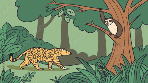 Jungle Predator Leopard Stalks Slow Sloth in Lush Rainforest Canopy for Wildlife Education and Nature Design Projects