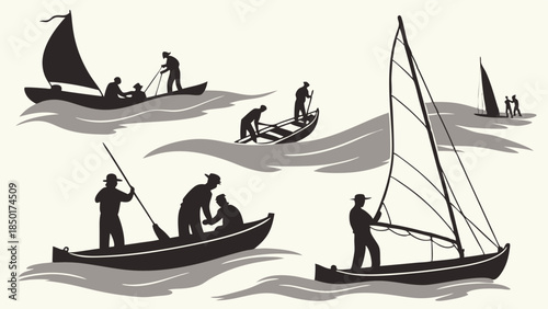Retro Silhouette Illustration of People Fishing and Sailing on the Sea Vintage Nautical Activity Scene