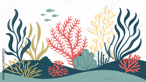 Stylized Underwater Coral Reef and Seaweed Illustration Marine Life Background Flat Vector Graphic for Ecology and Ocean Design
