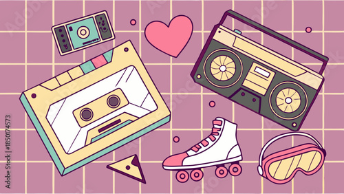 Retro 80s Pop Culture Objects Boombox Cassette Tape Roller Skates Nostalgia Aesthetic Background