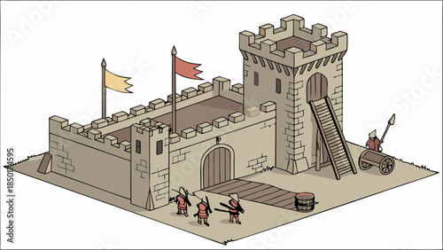 Isometric Castle Siege Illustration Strategy Planning for Business Success Overcoming Market Obstacles and Defense Challenge Security Protection
