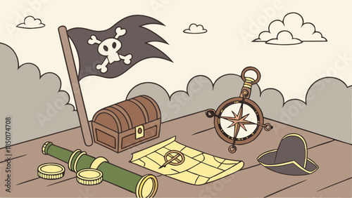 Pirate Treasure Map Adventure Game Assets for Kids Birthday Party Invitation or Vacation Planning Design