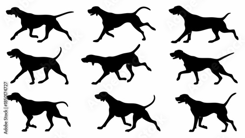 Dog Breed Silhouette Animation Sequence Sprites for Hunting Game Design Pet Website Graphics Dynamic Canine Movement Set
