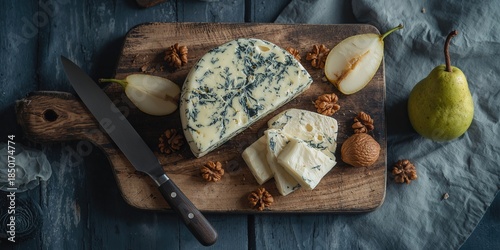Blue veined Gorgonzola cheese slice served with pear and walnuts on wooden board, flavor pairing