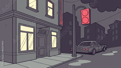 Moody Night City Street Corner Illustration Red Traffic Light Stopped Car Outside Urban Bar Building Vector Art