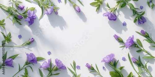 Flat lay of blooming wild violet flowers on a white surface, ideal for botanical backgrounds