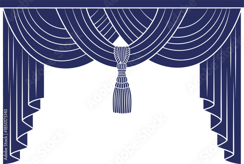 Elegant navy blue curtain with tassel and scalloped design