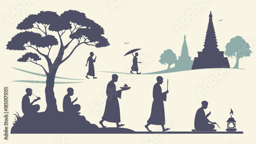 Buddhist Monks Silhouettes Meditating and Praying Near Temple Stupa Traditional Asian Religion Culture Travel Background for Spiritual Wellness Design