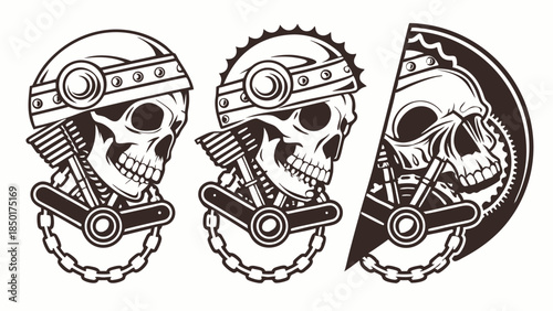Aggressive Biker Skull Mascot Logo Design Vintage Motorcycle Engine Illustration Apparel Branding