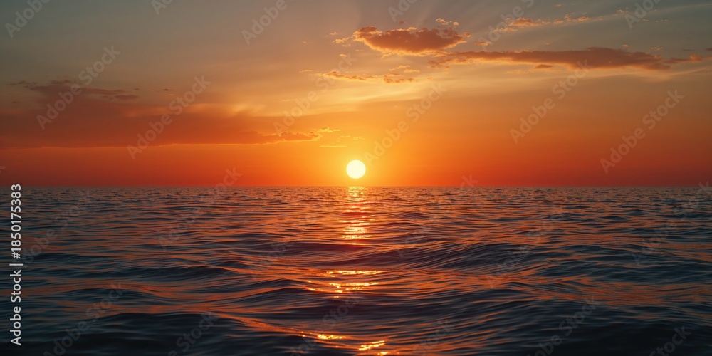 Fototapeta premium Sea water ocean horizon during sunset with glowing sky, Mediterranean coastline, tranquil scene, sunset on sea water ocean horizon in Mediterranean