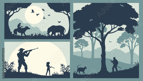 Big Game Hunting Safari Silhouette Set Hunter Aiming Rifle Elephant and Wild Cat Landscape Minimalist Vector Illustration