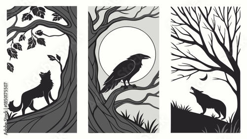 Mystical Forest Silhouettes Wolf Howling Raven on Moonlit Branch for Halloween Gothic Design