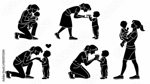 Mother Nurturing Child Silhouettes Set Caring Mom Bonding Activities for Parenting Web Design and Daycare Promotion