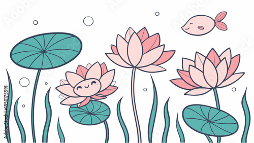 Cute Kawaii Pink Lotus Flowers and Fish Underwater Scene for Childrens Book Design or Nursery Decor