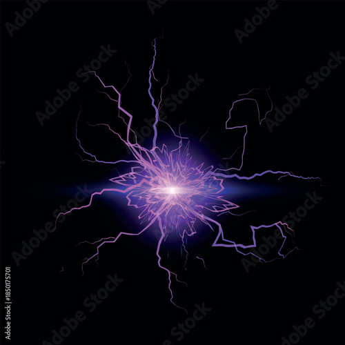 Thunderbolt purple fireball lightning effect on black, glowing energy ball, magic burst rays, realistic electric sparks