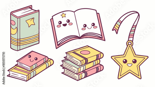 Cute Kawaii Books and Happy Star Bookmark Vector Set for Children's Education Learning Reading School Supplies