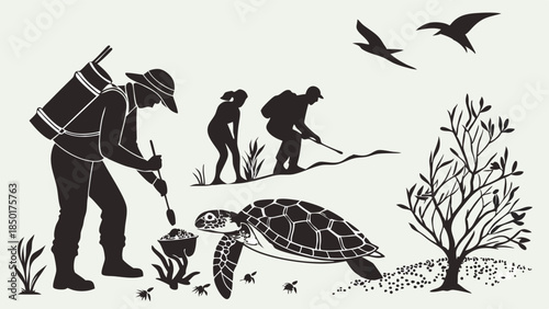 Environmental Protection Volunteers Planting and Caring for Sea Turtle Habitat for a Sustainable Future