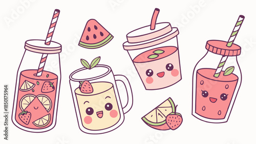 Cute Kawaii Summer Drinks Set with Happy Faces and Fresh Fruits. Hand Drawn Refreshing Beverage Illustration for Web Social Media Menus