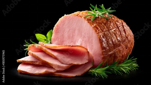 Savory sliced ham beautifully displayed on a dark surface, accentuated with fresh herbs. This tasty meat snack offers a delightful flavor, perfect for any occasion
