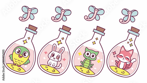 Cute Whimsical Collectible Animals in Magic Bottles with Enchanting Dragonflies Cartoon Illustration for Kids Books Nursery Decor and Fantasy Games
