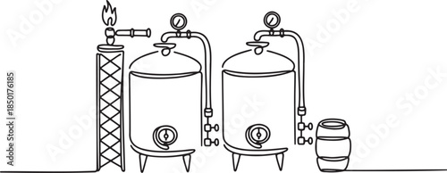 Brewery equipment with tanks and barrel, single line drawing