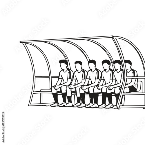 A simple vector sketch illustration of a group of soccer substitute players sitting on the bench