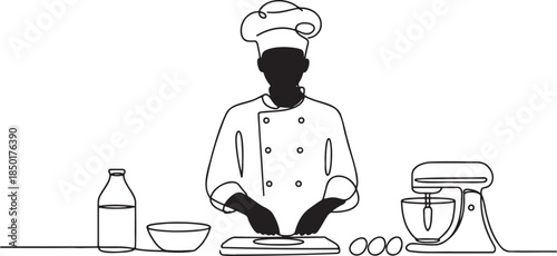 Chef preparing food in continuous line art style