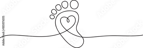 Continuous line drawing of a baby footprint with a heart, symbolizing love and new life in a single flowing stroke