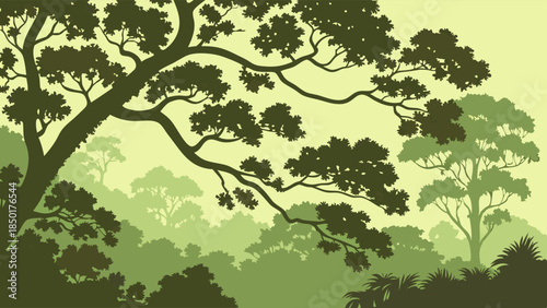 Lush Green Forest Landscape Vector Illustration with Layered Tree Silhouettes for Nature Backgrounds Environmental Design and Serene Web Graphics