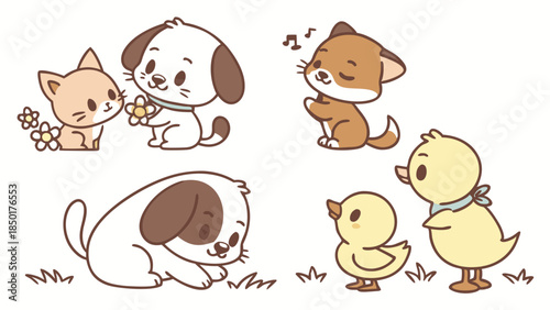 Adorable Kawaii Baby Animals Friendship Vector Illustration Set Puppy Kitten Ducklings Happy Cute Cartoon Design