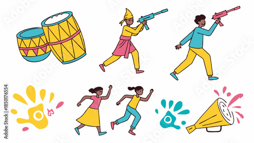 Energetic Holi Festival of Colors Celebration People Playing with Water Guns Drums and Paint Splashes Illustration