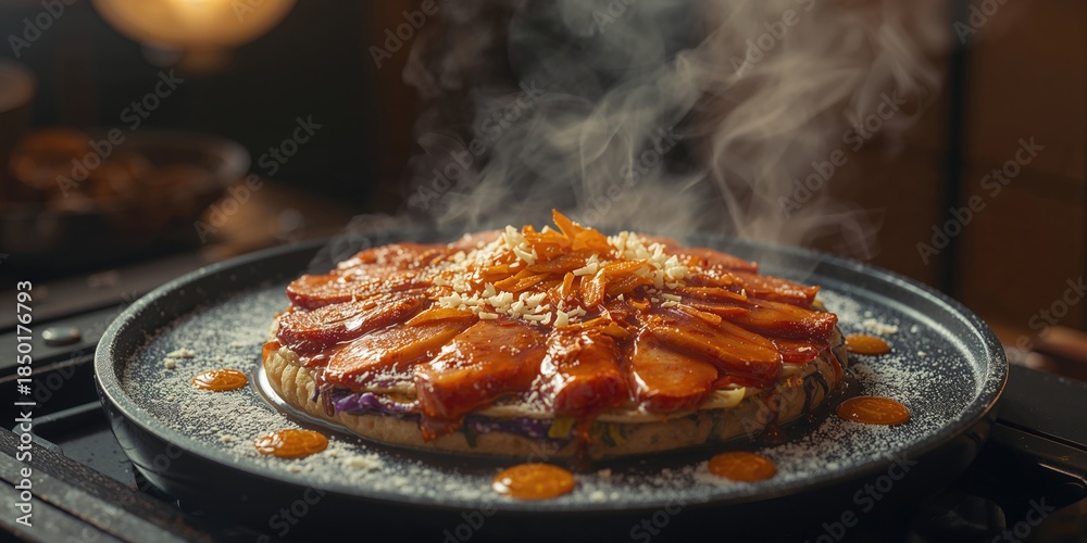 Fototapeta premium Japanese food, Okonomiyaki, Japanese pancakes, prepared with vegetables and batter for a street food setting