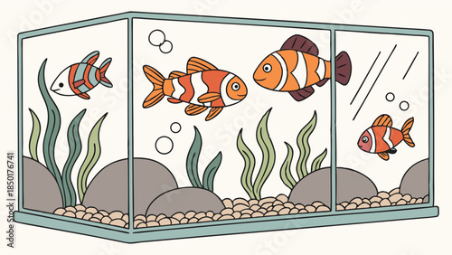 Vibrant Clownfish Aquarium Tank Illustration for Pet Store Web Design Happy Children's Book Illustration Home Decor