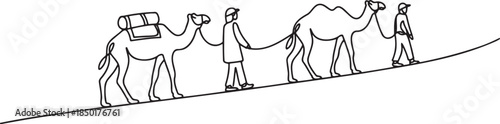 Continuous line drawing of a camel caravan with travelers on a desert journey