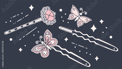 Whimsical Hair Accessories Illustration. Cute Sparkling Butterfly Hairpins and Decorative Bobby Pins for Girls, Women, Beauty, Fashion, Kids Products.